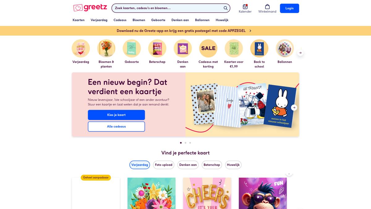 Screenshot van de homepage van Greetz