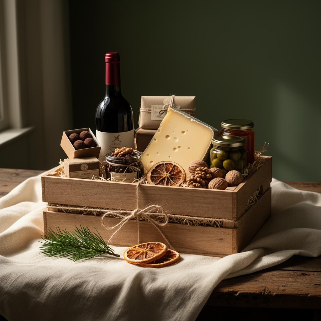 Luxe kerstpakket 2026 met wijn, kaas, chocolade en ambachtelijke lekkernijen in een houten kistje