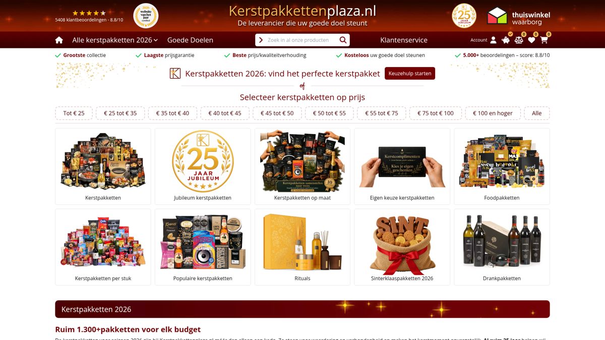 Screenshot van de homepage van Kerstpakkettenplaza.nl