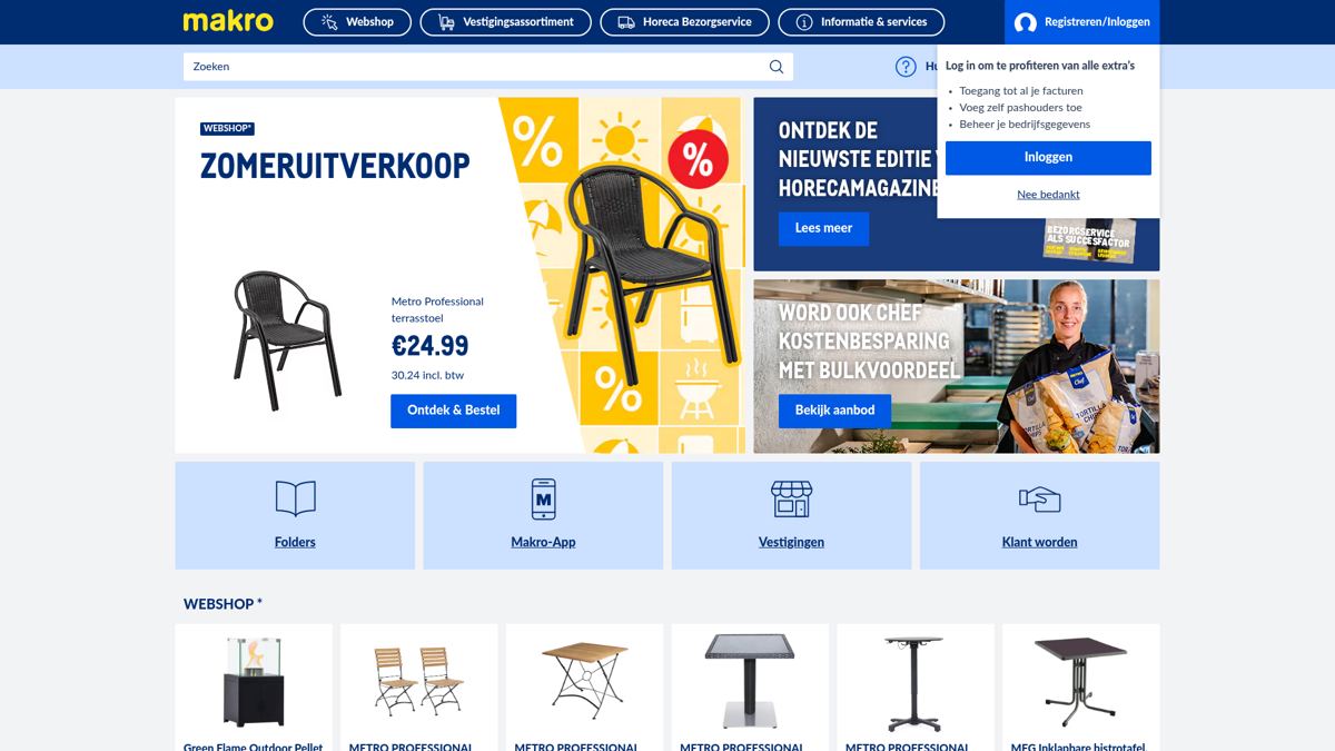 Screenshot van de homepage van Makro