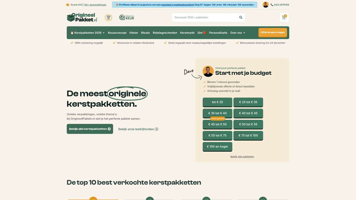 Screenshot van de homepage van Origineelpakket.nl