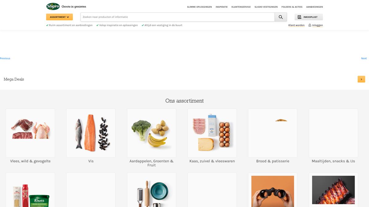 Screenshot van de homepage van Sligro Food Group