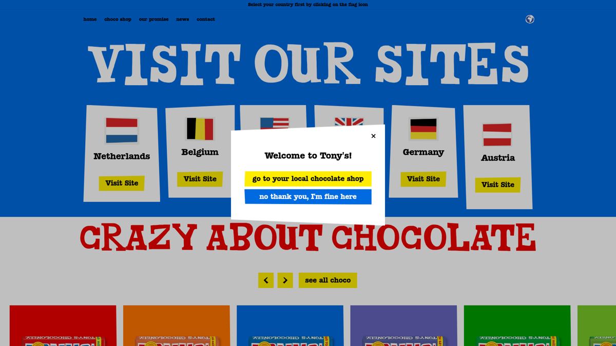 Screenshot van de homepage van Tony's Chocolonely